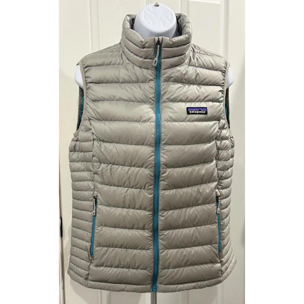Women's Size Large Patagonia Goose Down Sweater Light Gray Full Zip Puffer Vest!